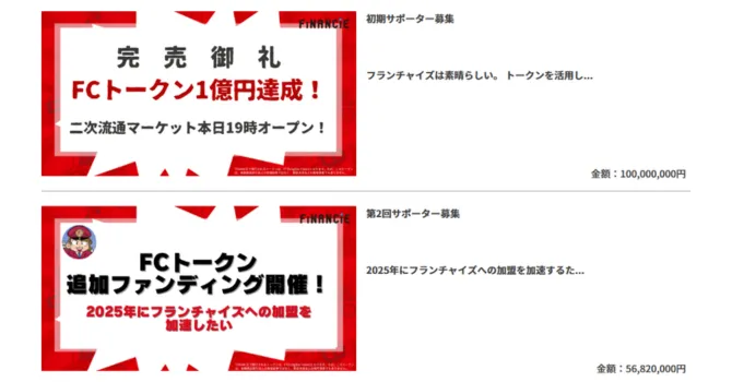 FCトークンの販売実績ページ